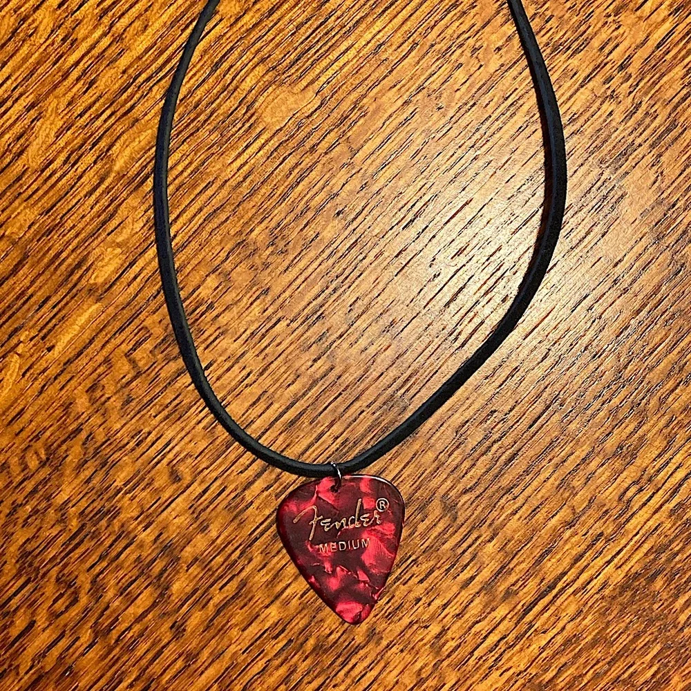 Red Guitar Pick Necklace Suede Cord Pearlescent Unisex New